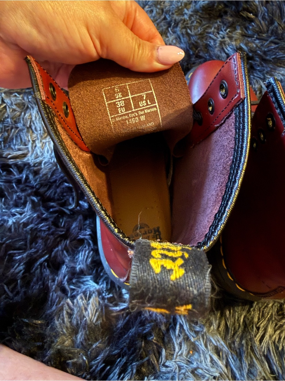 Dr. Martens Burgundy Leather Lace-Up Boots with Yellow Stitching - Picture 6 of 7